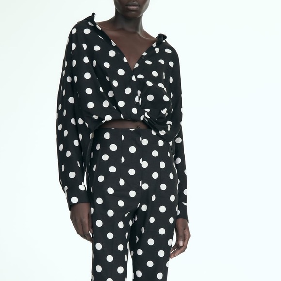 Zara NWT linen black & white polka dot knot front button front long sleeve shirt - Picture 2 of 10